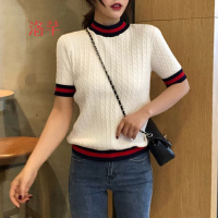 洛芊夏2018新款韩版螺纹拼接毛针织短袖t桖女修身显瘦撞色百搭上衣