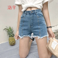 洛芊夏2018新款韩版宽松显瘦a字热裤破洞铆钉阔腿裤子高腰牛仔短裤