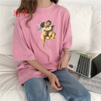 洛芊夏2018新款韩版丘比特印花五分袖T恤女宽松显瘦上衣百搭打底衫