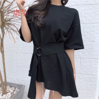 洛芊夏2018新款韩版不规则下摆纯色T恤女宽松显瘦中长款上衣送腰带