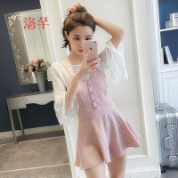 洛芊2018新款套装女喇叭袖雪纺衫+格子吊带背心+阔腿短裤时尚三件套