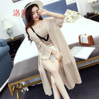 洛芊装新款韩版撞色吊带背心+百搭宽松中长款针织开衫女外套两件套