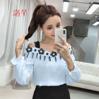 洛芊2018装新款韩版淑女气质喇叭袖宽松显瘦露肩一字领雪纺衫女上衣