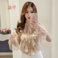 洛芊2018新款女装装韩版甜美气质波点荷叶边蕾丝衫+吊带两件套上衣