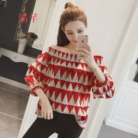 洛芊韩版2018装新款女时尚气质露肩一字领上衣复古撞色灯笼袖雪纺衫