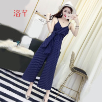 洛芊2018夏新款韩版气质显瘦条纹吊带背带裤女百搭九分裤连体阔腿裤
