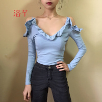 洛芊春季韩版优雅淑女荷叶边气质雾蓝色v领漏肩吊带长袖上衣T女