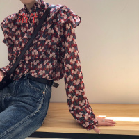 洛芊春季新款韩国风复古甜美碎花图案荷叶边长袖雪纺衫衬衣女学生