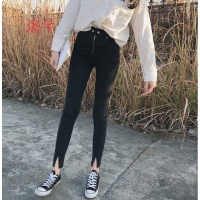 洛芊2018春季韩版高腰弹力修身小脚裤铅笔裤拼接开叉九分牛仔裤女学生