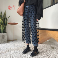 洛芊2018春秋新款假两件蕾丝波点拼接裙裤高腰毛边牛仔裤九分裤直筒裤