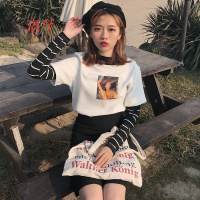 洛芊2018春秋新款韩版条纹拼接假两件上衣 贴布印花长袖打底衫上衣潮