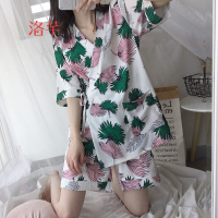 洛芊夏装韩版花朵收腰绑带V领开衫短袖上衣+宽松显瘦短裤睡衣两件套女