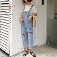 洛芊春装女装韩版宽松破洞背带裤刺绣牛仔裤直筒裤九分裤高腰长裤显瘦