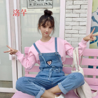 洛芊2018春秋新款韩版软妹修身爱心刺绣牛仔背带裤女学生吊带连体裤子