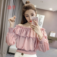 洛芊雪纺衫女长袖气质上衣2018春季荷叶边喇叭袖一字领条纹抽褶娃娃衫