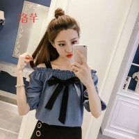 洛芊2018春夏新款吊带一字领露肩木耳边蝴蝶结系带中袖女士雪纺衫上衣