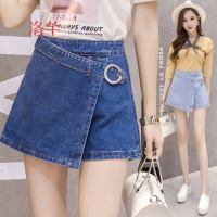 洛芊2018春装韩版新款牛仔裤裙女高腰百搭a字裙短款半身裙不规则裙裤