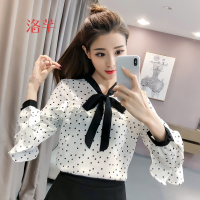 洛芊2018春秋新款女装韩版时尚气质波点木耳边雪纺衫长袖蝴蝶结衬衫潮