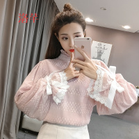 洛芊春装新款韩版宽松显瘦长袖雪纺衫女喇叭袖网纱拼接蕾丝打底衫上衣