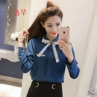 洛芊2018春装新款韩范蝴蝶结系带衬衣雪纺衫女OL职业修身长袖打底衬衫