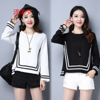 泽美夕春季新品百搭海女士胖mm宽松显瘦打底衫时尚条纹长袖T恤上衣