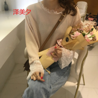 泽美夕春季新款女装韩版宽松百搭蕾丝拼接网纱褶皱喇叭长袖套头上衣
