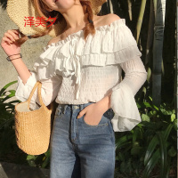 泽美夕春季新款女装韩版甜美一字领露肩雪纺衫学生宽松百搭喇叭袖上衣女