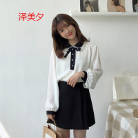 泽美夕春季女装韩版甜美可爱蝴蝶结系带蕾丝边雪纺长袖打底衫女套头上衣