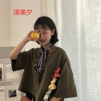泽美夕韩版复古简约春季百搭宽松彩色蝴蝶结前短后长中袖T学生上衣