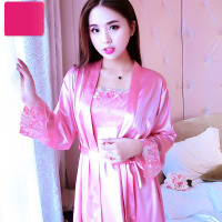 莎丞 睡衣女春季夏季短袖两件套装丝绸蕾丝中裙长袖涤纶睡裙薄款青年