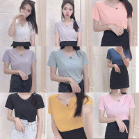 莱特曼林 新款冰丝女士短袖T恤女夏季纯色无痕薄款韩版宽松V领黑白色