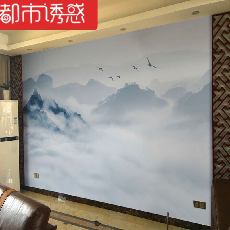 8D山水客厅壁纸餐厅简约风格酒店宾馆中式办公室吸音贴画贴画墙(无缝)韩国无纺布仅墙纸都市诱惑