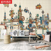 背景墙卡通风车儿童墙纸壁画儿童房书房怀旧宝宝卡通卧室墙布田园中式服装店立体贴纸整张无缝无纺布平米仅墙纸都市诱惑