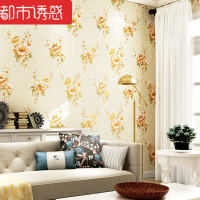 现代简约美式田园大花壁纸精压环保无纺墙纸温馨婚房客厅卧室背景米黄色仅墙纸都市诱惑