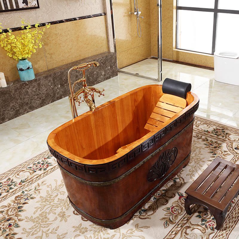 手工雕花泡澡木桶家用欧式浴缸复古橡木浴桶实木浴盆加厚都市诱惑图片