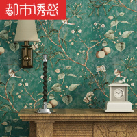 复古做旧美式乡村田园果树花鸟无纺布墙纸卧室客厅电视背景壁纸墨绿底仅墙纸都市诱惑