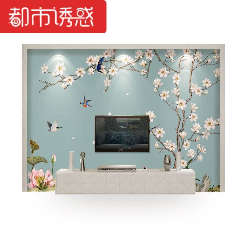 电视背景墙壁纸手绘花鸟3d新中式墙纸影视墙壁画无缝墙布现代简约都市诱惑图片