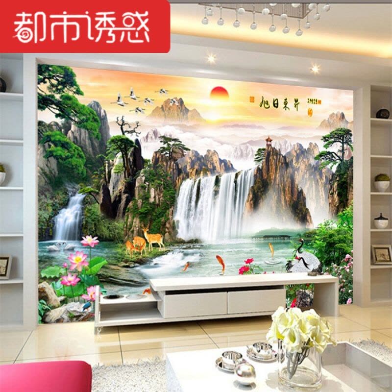 3d立体中式客厅电视背景墙壁纸5d8d山水风景画墙纸壁画布流水生财无缝真丝布墙纸+胶水都市诱惑图片