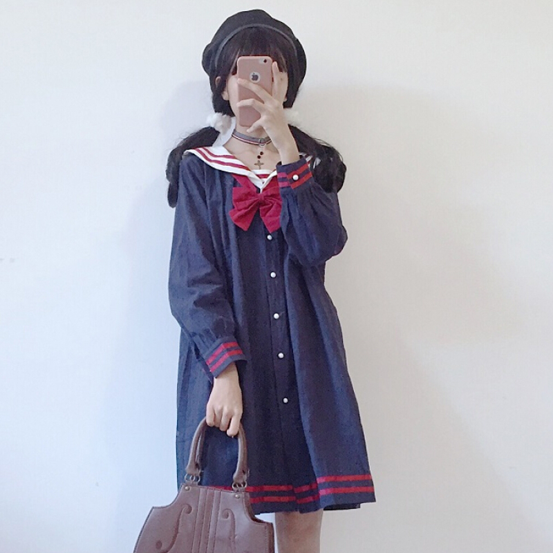 秋装女装2017新款韩版日系复古海军