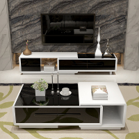 现代简约可伸缩电视柜茶几组合套装客厅黑白烤漆钢化玻璃电视机柜