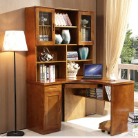 全实木电脑办公桌带书柜组合台式家用转角书桌现代简约写字台橡木