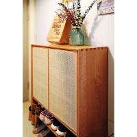 尋木匠北欧实木鞋柜简约日式小户型玄关柜樱桃木色藤编收纳柜餐边柜