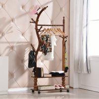 尋木匠双杆落地衣架实木鞋柜衣帽架鞋架一体卧室客厅挂衣架换鞋凳置物架