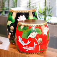 尋木匠鼓凳 实木新中式绣墩凳子牛皮彩绘美式沙发圆凳古筝凳 红木鼓凳