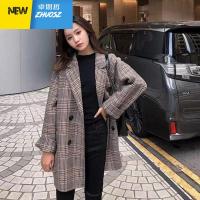 大码女装格子毛呢外套中长款冬季新款复古西装大衣宽松遮肉潮 ZHUOSIZHE 卓思哲