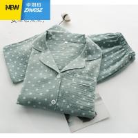 休闲波点睡衣女式男纱布水洗绉布薄款长袖长裤情侣家居服套装 卓思哲