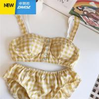 软绵日系chic复古棉质格子少女无钢圈文胸套装抹胸式私房内衣奶罩 卓思哲