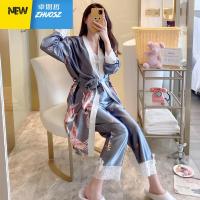 睡衣女春秋季性感和服仙鹤睡袍带胸垫三件套装薄款家居服 卓思哲