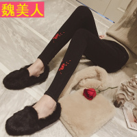 新款黑色刺绣加绒牛仔裤女修身显瘦铅笔裤高腰小脚长裤潮