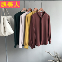 2017秋季新款长袖蝴蝶结系带衬衣宽松纯色V领显瘦木耳袖打底上衣